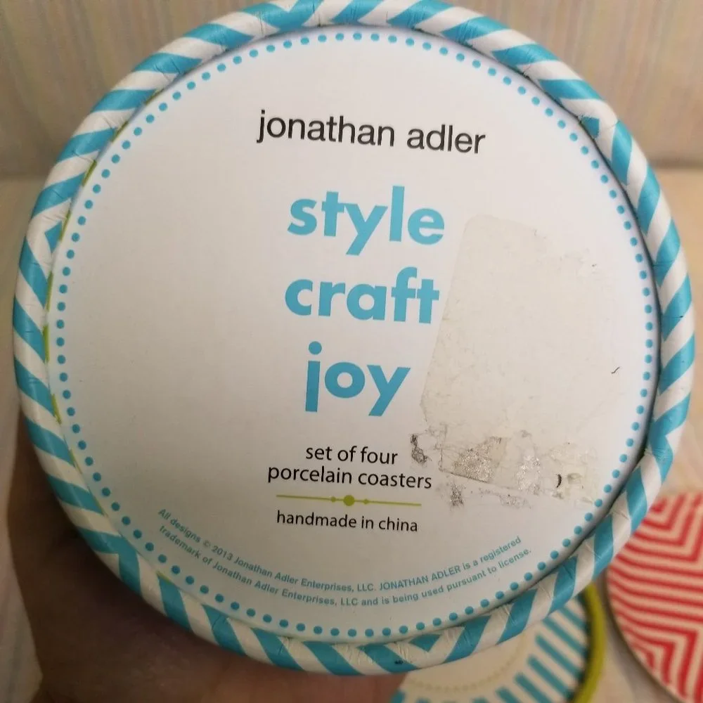 NIB Jonathan Adler POP! 4pc Set Porcelain Coasters Chevron Stripes Multicolor